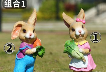 兔子雕塑-饭店门口两只抱着蔬菜的玻璃钢兔子雕塑