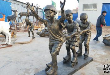 滑旱冰雕塑-公园小区摆放滑旱冰儿童人物玻璃钢仿铜雕塑
