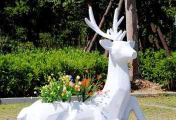 梅花鹿雕塑-玻璃几何花盆公园景区卧着的梅花鹿雕塑