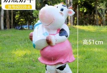 牛雕塑-草坪一只抱着奶瓶的玻璃钢牛雕塑
