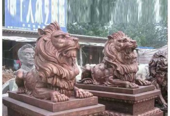狮子雕塑-晚霞红石雕仿真趴窝着的镇宅狮子雕塑