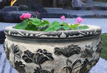 缸雕塑-别墅庭院青石石雕浮雕莲花缸雕塑