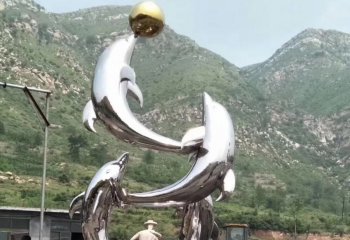 海豚雕塑-景区多个玩耍的不锈钢镜面海豚雕塑
