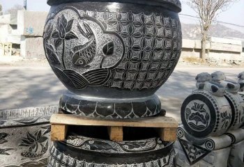 花盆雕塑-户外景区大型青石浮雕鱼花盆雕塑