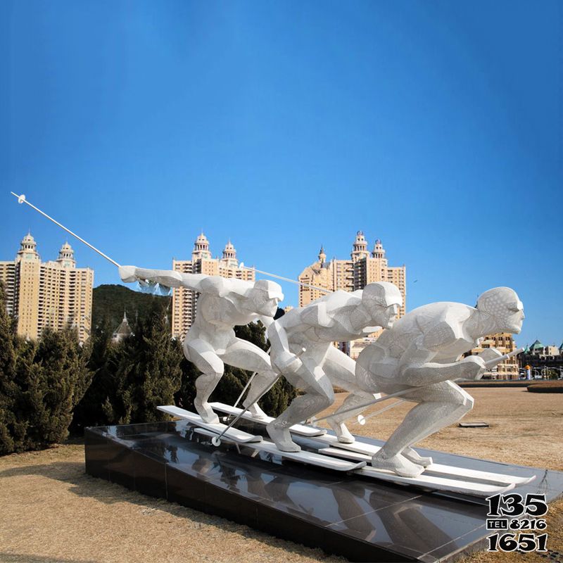 滑雪雕塑-不锈钢滑冰人物户外体育馆滑雪抽象运动主题景观雕像高清图片