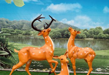 梅花鹿雕塑-玻璃钢彩绘景区三只橙色梅花鹿雕塑