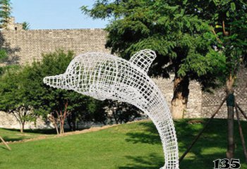 海豚雕塑-公园一只镂空不锈钢海豚雕塑