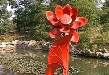 荷花雕塑-池塘边不锈钢城市艺术红色荷花雕塑