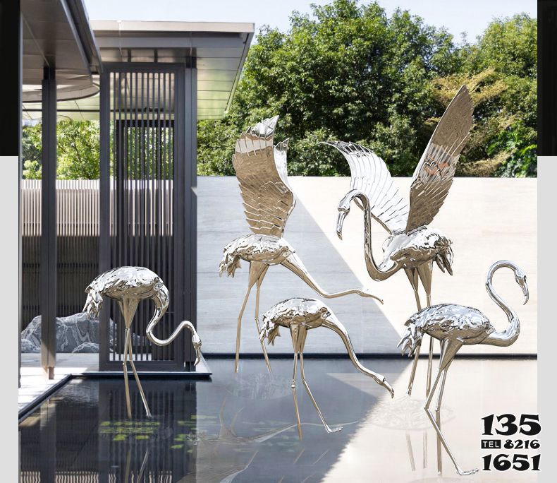 火烈鸟雕塑-别墅摆放飞舞的不锈钢火烈鸟雕塑高清图片
