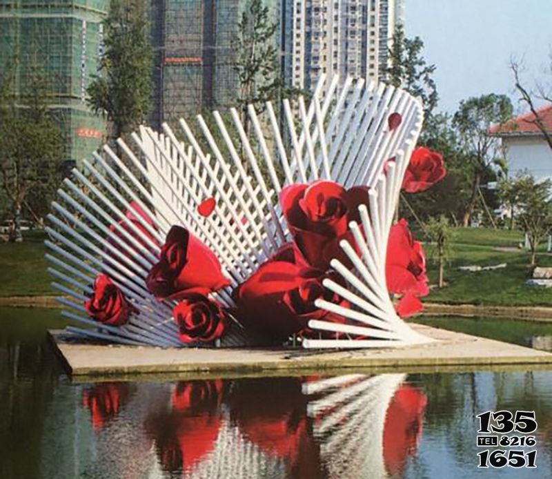 玫瑰花雕塑-不锈钢创意湖边红玫瑰雕塑高清图片