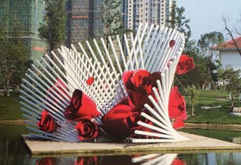 玫瑰花雕塑-不锈钢创意湖边红玫瑰雕塑