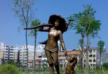 农耕雕塑-校园摆放玻璃钢做完农活回家的母子仿铜雕