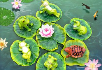 青蛙雕塑-水中荷叶上的仿真浮水青蛙雕塑