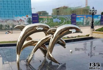 海豚雕塑-户外广场不锈钢镜面跳跃的海豚雕塑