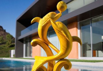 海豚雕塑-酒店门口两只不锈钢玩耍的海豚雕塑