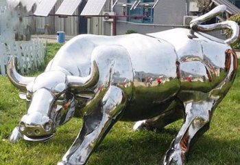 华尔街牛-草地上摆放的银色玻璃钢创意华尔街牛