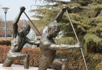 划船人物铜像-公园体育广场摆放铸造漆金划船人物铜雕塑