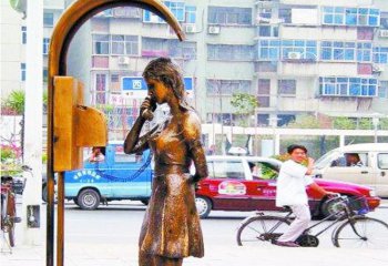 凉亭雕塑-城市街道边摆放女孩在电话亭打电话玻璃钢雕塑