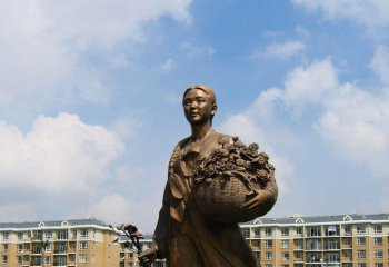 女孩雕塑-公园抱着花篮的少数民族人物铜雕女孩雕塑