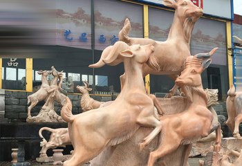 三羊开泰雕塑-公园景区创意晚霞红石雕三羊开泰雕塑