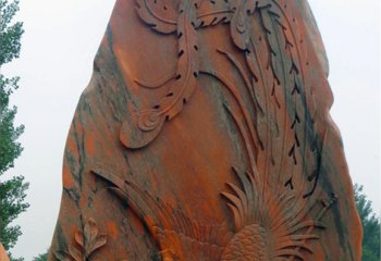 凤凰雕塑-景区街道晚霞红石雕浮雕凤凰雕塑