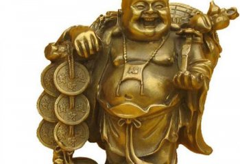 弥勒佛雕塑-户外不锈钢喷金烤漆扛着铜钱的弥勒佛雕塑