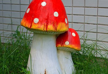 蘑菇雕塑-公园草坪两头红色玻璃钢材质蘑菇雕塑
