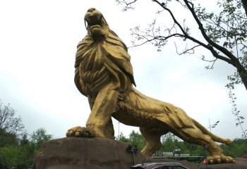 狮子雕塑-户外不锈钢喷金烤漆吼叫的狮子雕塑