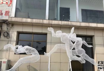 跳远雕塑-学院操场创意网格不锈钢运动跳远人物雕塑