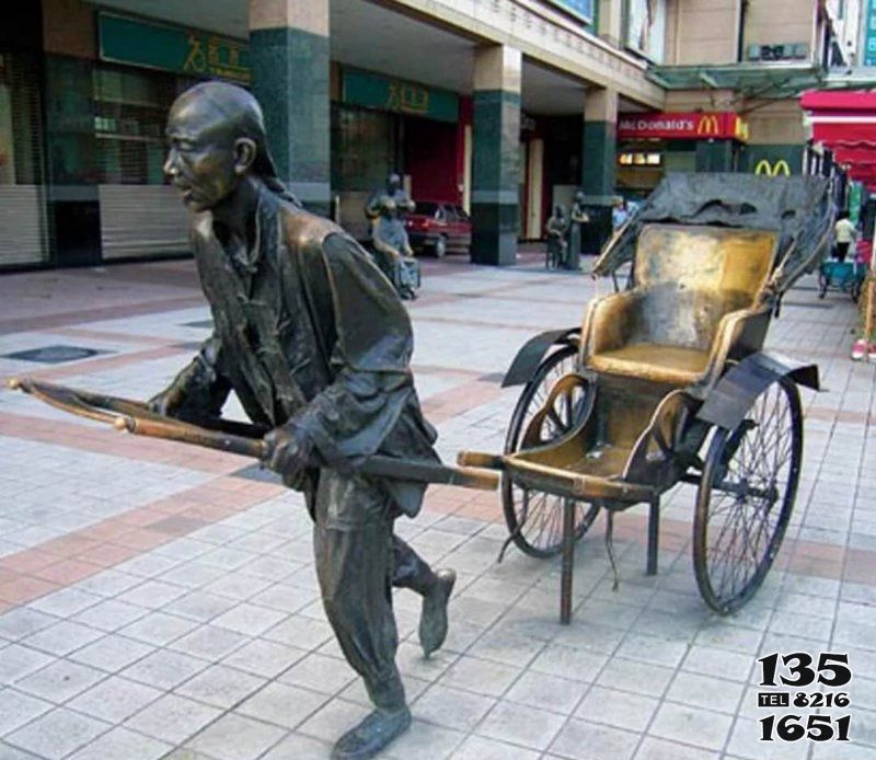 黄包车雕塑-步行街广场浮雕创意拉黄包车人物黄铜雕塑高清图片