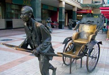 黄包车雕塑-步行街广场浮雕创意拉黄包车人物黄铜雕塑