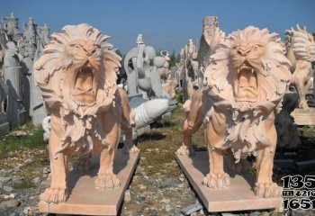 狮子雕塑-祠堂庭院晚霞大型仿真行走吼叫的狮子雕塑