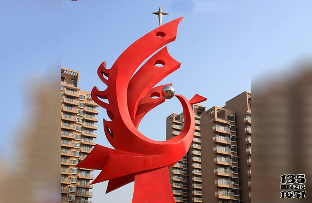 凤鸣朝阳雕塑 -城市创意抽象玻璃钢红色凤凰雕塑高清图片