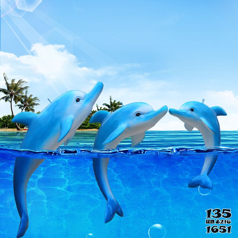 海豚雕塑-水中三只蓝色玻璃钢海豚雕塑高清图片