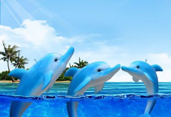 海豚雕塑-水中三只蓝色玻璃钢海豚雕塑