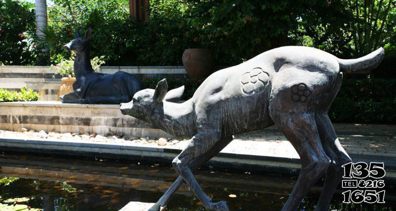 鹿雕塑-公园池塘中的大理石石雕鹿雕塑高清图片