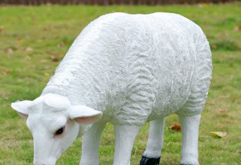 绵羊雕塑-草地上一只吃草的玻璃钢仿真绵羊雕塑