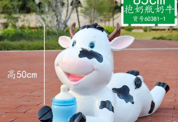 牛雕塑-公园一只抱着奶瓶的玻璃钢牛雕塑