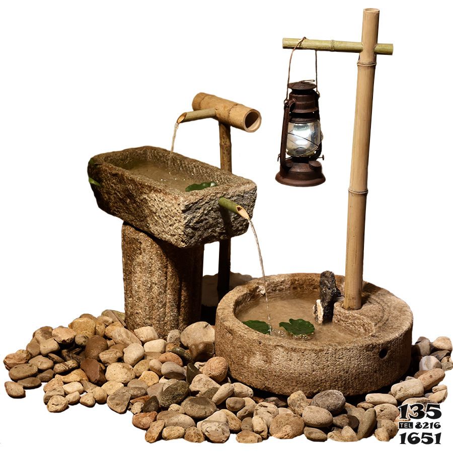石槽雕塑-老石槽鱼缸竹流水组合景观旧石头花盆造景石缸户外水景庭院摆件高清图片