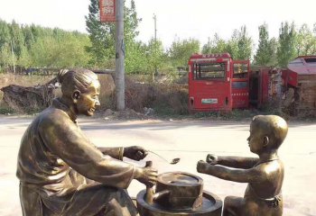 母子雕塑-户外景区铜雕古代帮妈妈磨豆子的母子雕塑