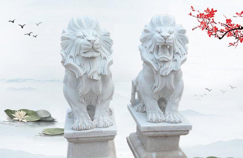 汉白玉西洋狮子-欧式汉白玉狮子大门坐式西洋狮子雕塑高清图片
