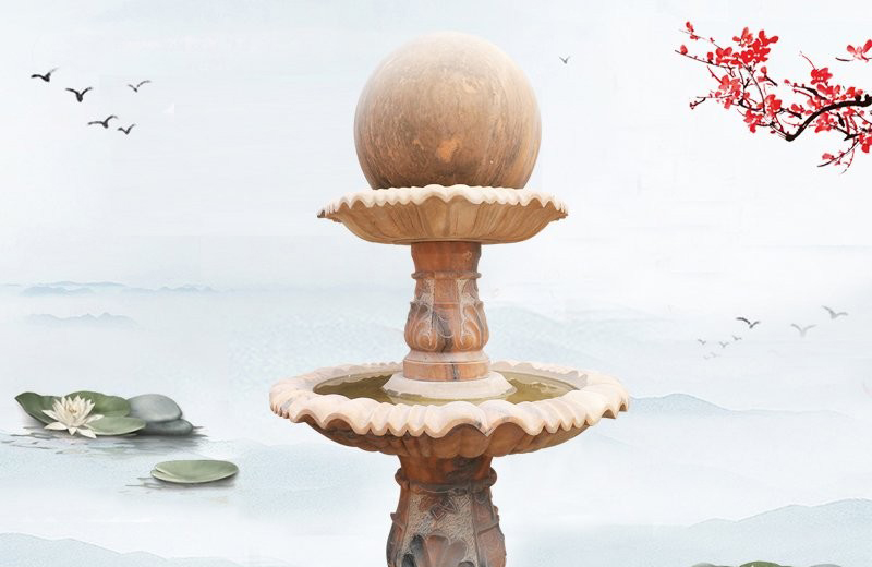 晚霞红风水球石雕-晚霞红双层风水球公园风水球喷泉石雕高清图片