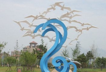 不锈钢抽象海浪和海鸥-不锈钢抽象海浪和海鸥海边景观雕塑