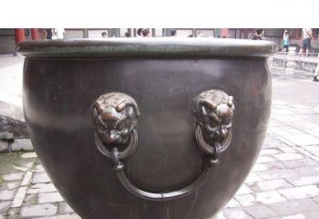 狮头耳缸铜雕-公园圆形铜水缸