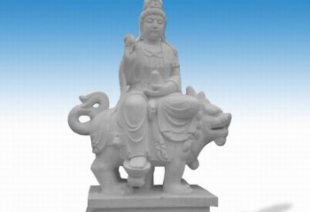 坐式文殊菩萨石雕-汉白玉乘狮子的文殊菩萨雕塑
