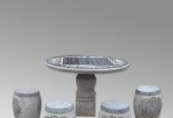 青石梅兰竹菊浮雕桌凳-仿古圆桌凳石雕