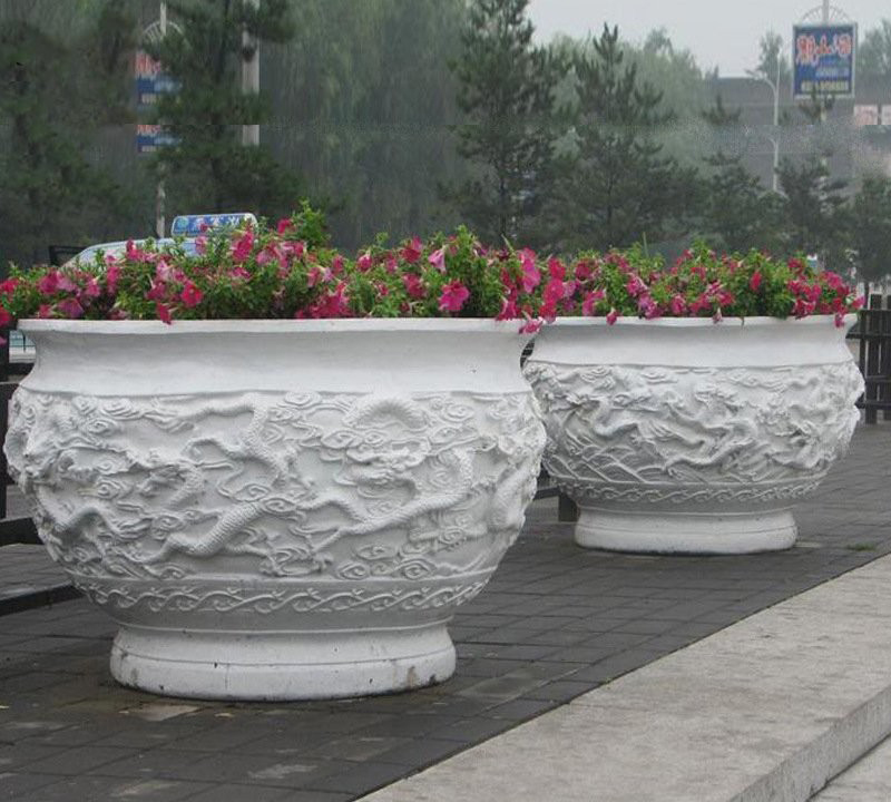 汉白玉公园龙浮雕花盆-汉白玉中国龙浮雕花盆高清图片