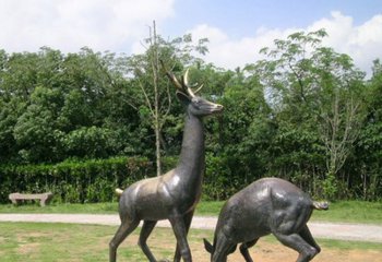 铜雕动物梅花鹿-一对梅花鹿铜雕