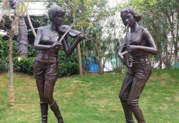 铜雕公园演奏乐器的女孩-铜雕演奏乐器的女孩
