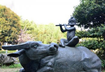 吹笛牧童黄牛铜雕-铜雕公园牧童牛雕塑